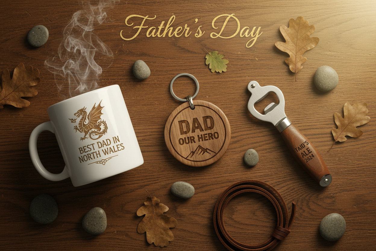 Personalised Father's Day gifts including engraved mug, keychain and bottle opener by Lasersedge Wales