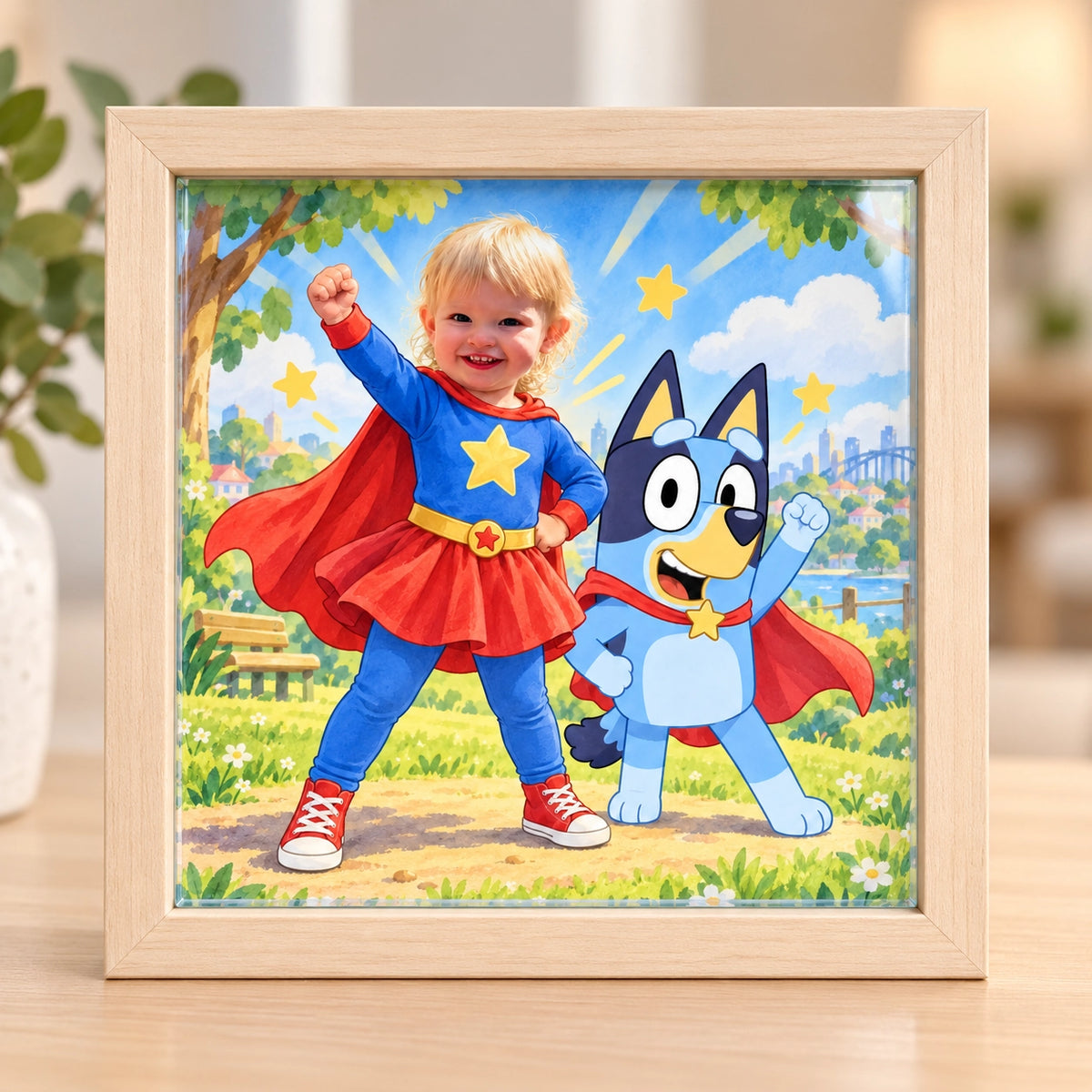 Personalised Superhero Watercolour Glass Portrait – 20 x 20 cm