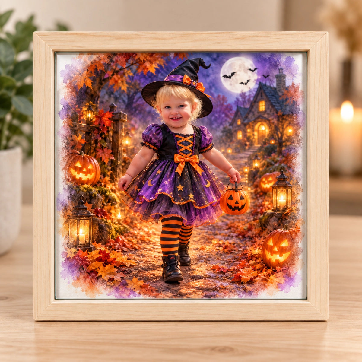 Toddler in a witch costume as a watercolour-style portrait printed on glass in a light wooden frame, holding a pumpkin bucket on a lantern-lit autumn path