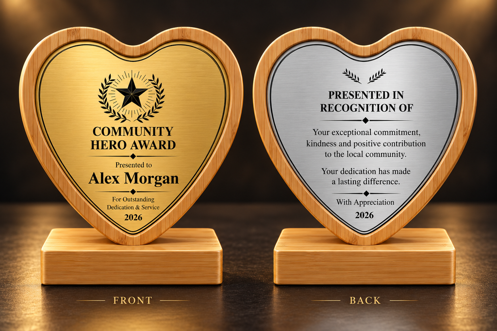 Heart-shaped Community Hero Award example showing front and back