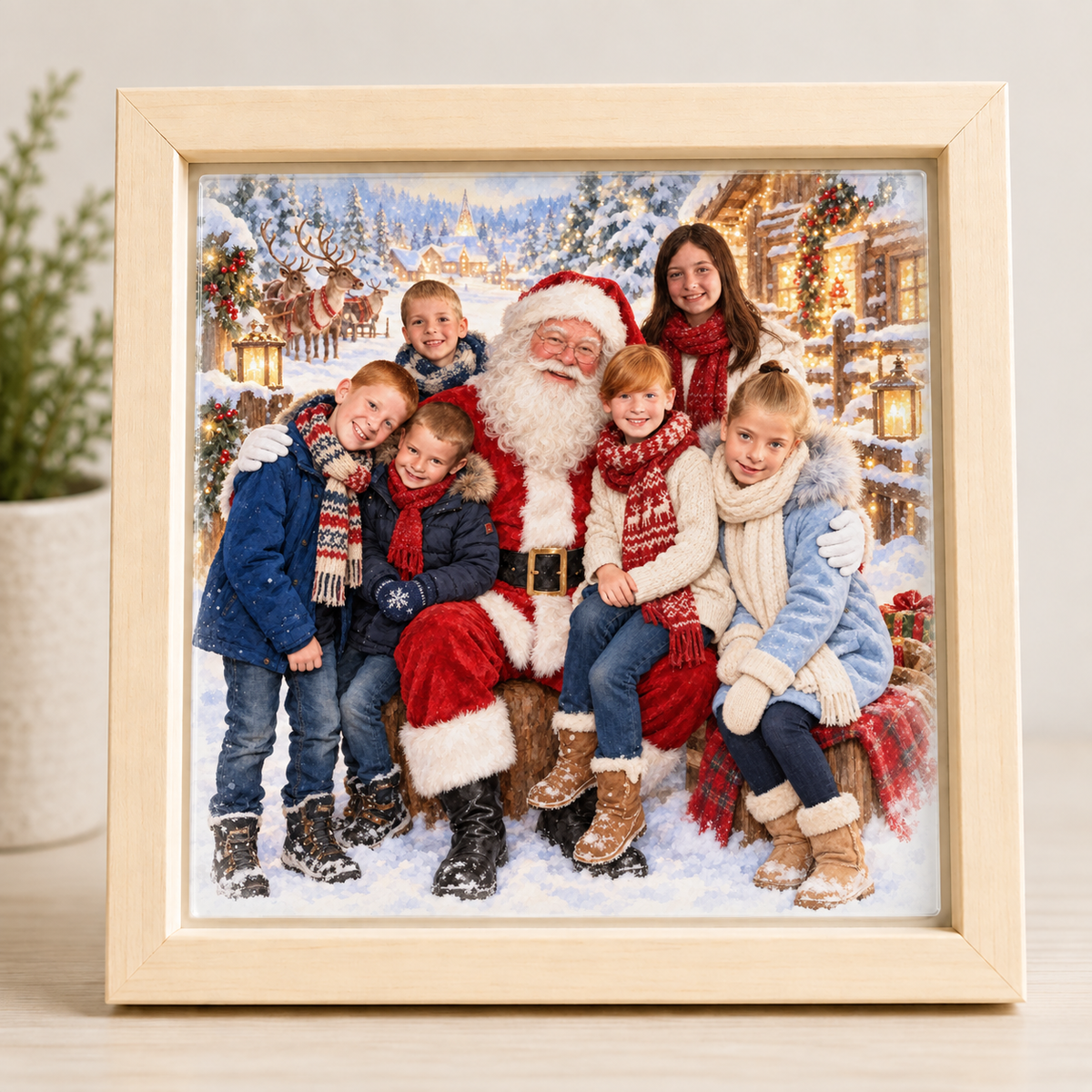 Personalised family Christmas watercolour portrait with Santa printed on glass in a plain wooden framed box