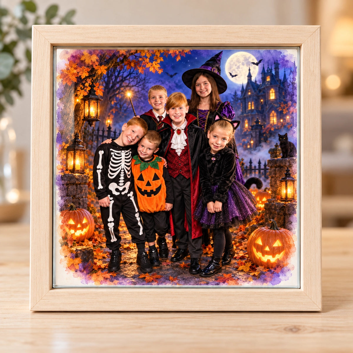Family in Halloween costumes as a watercolour-style portrait printed on glass in a light wooden frame, with pumpkins, lanterns and a moonlit haunted house background