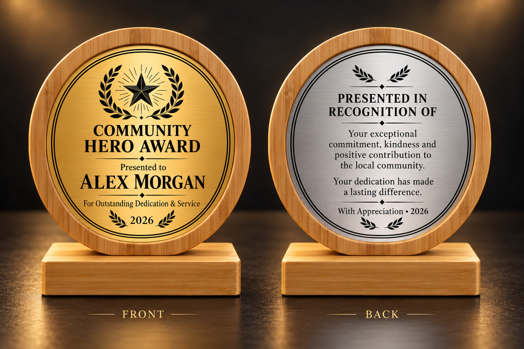 Round Community Hero Award example showing front and back