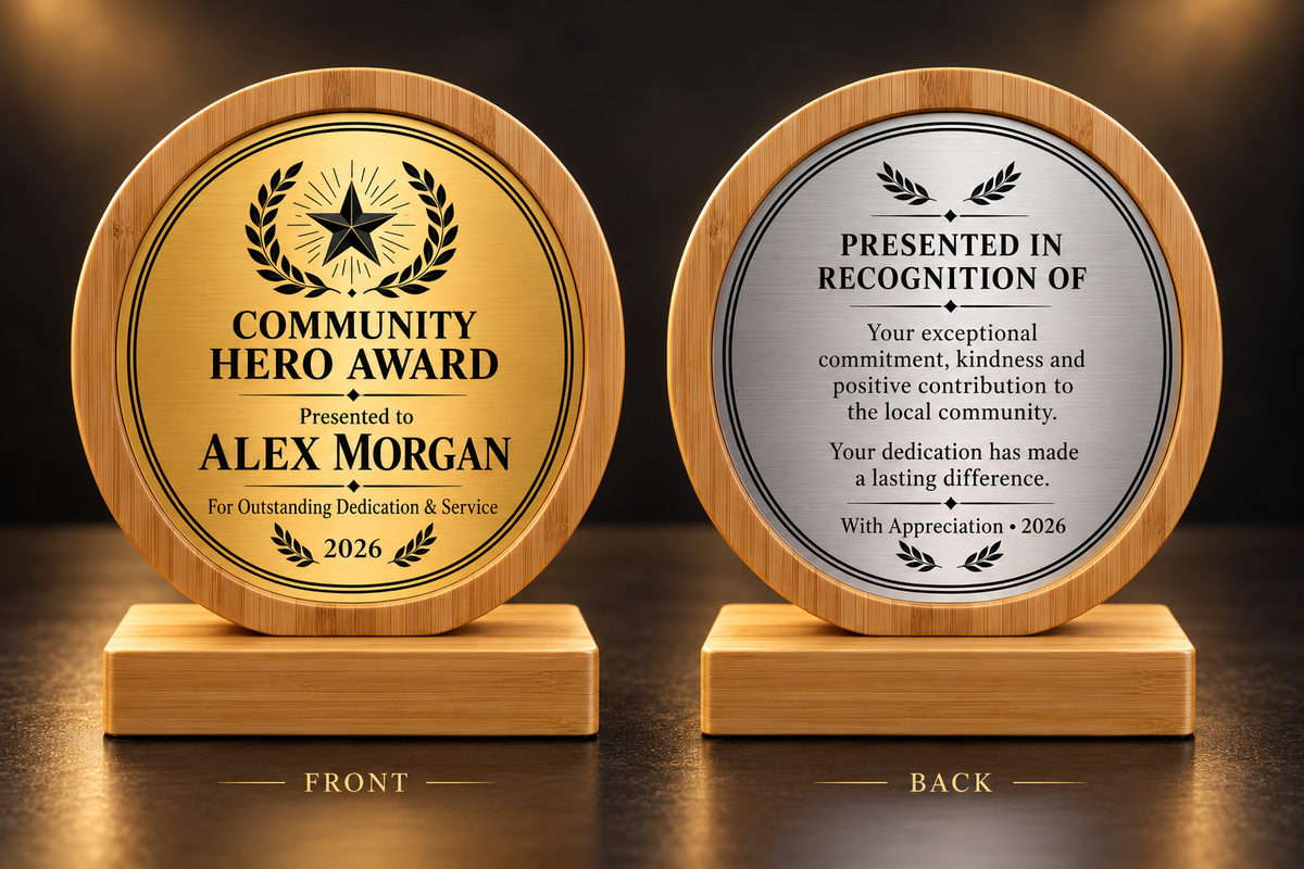 Round Community Hero Award example showing front and back
