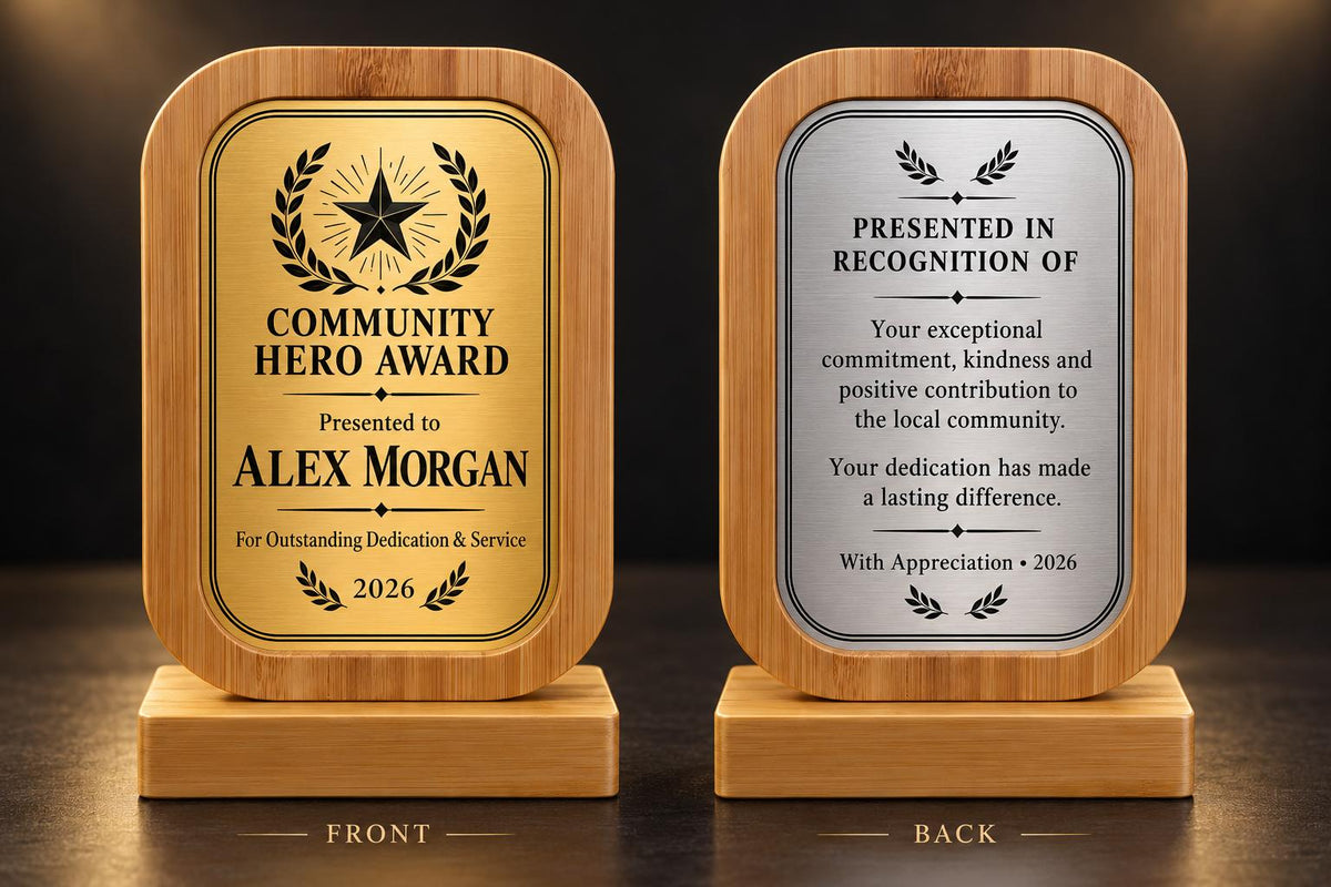Rectangular Community Hero Award example showing front and back