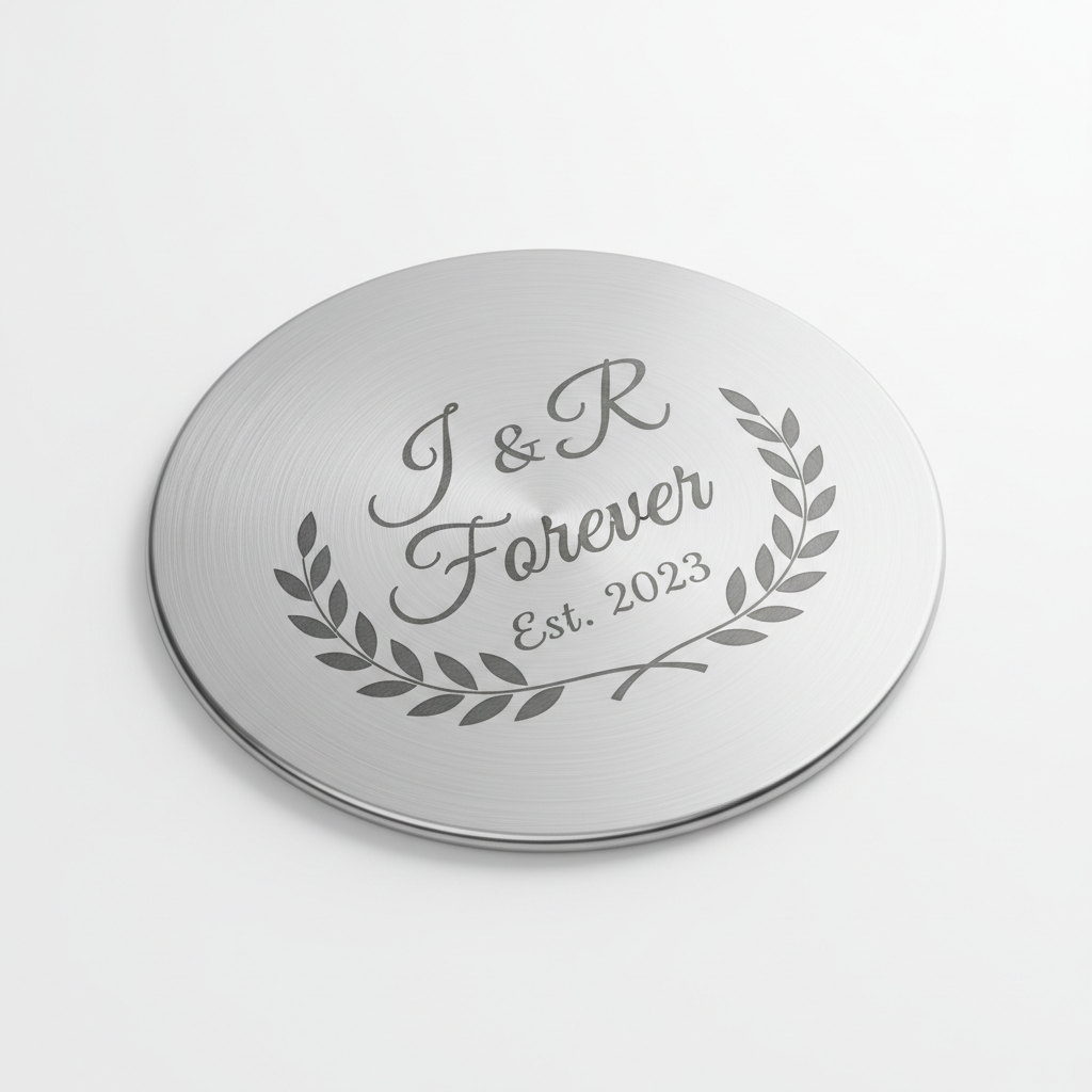 Brushed stainless steel disc with engraved text