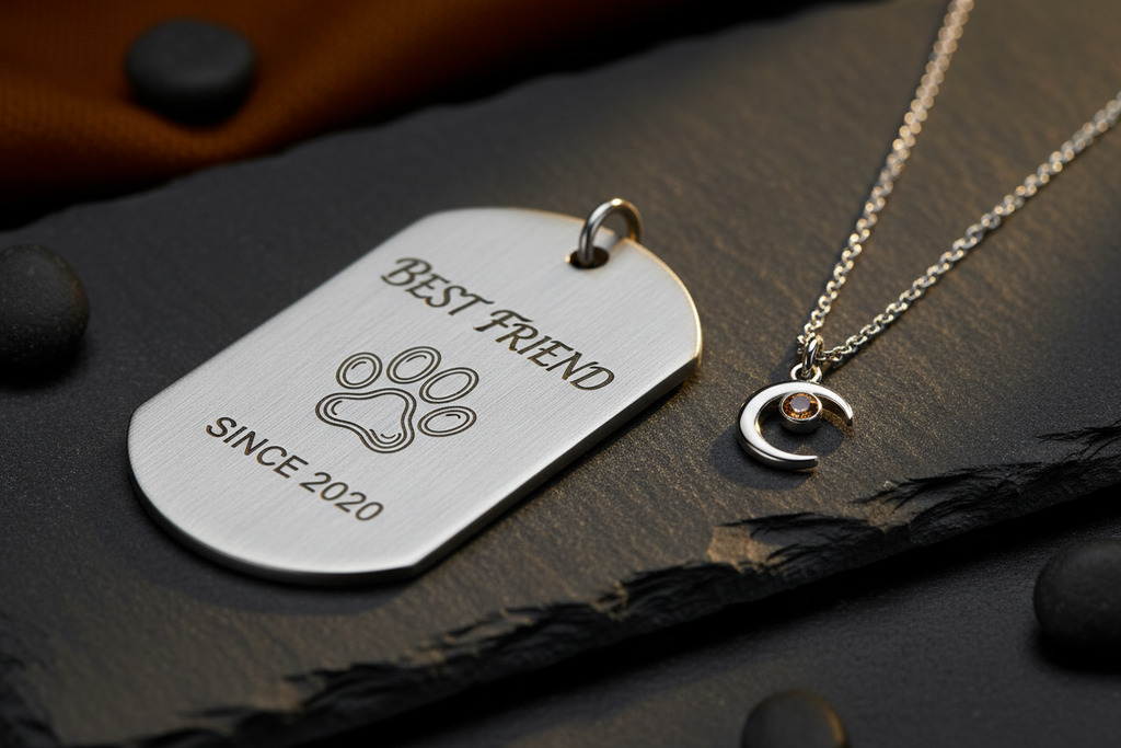Finished engraved dog tag and jewellery