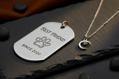 Finished engraved dog tag and jewellery