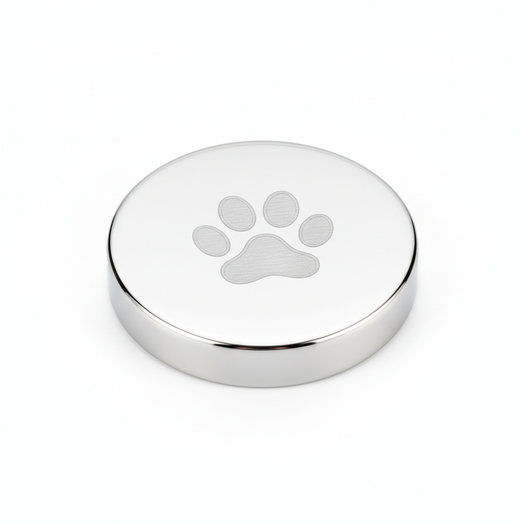 Polished stainless steel disc with engraved paw print