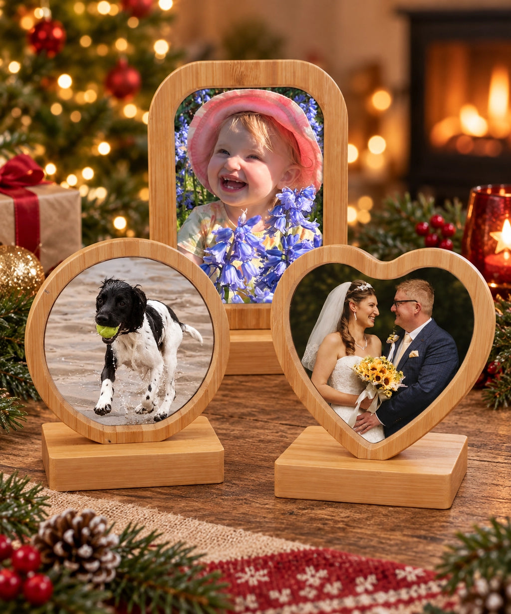 Personalised Bamboo Revolving Photo Frame - Round, Rectangle & Heart